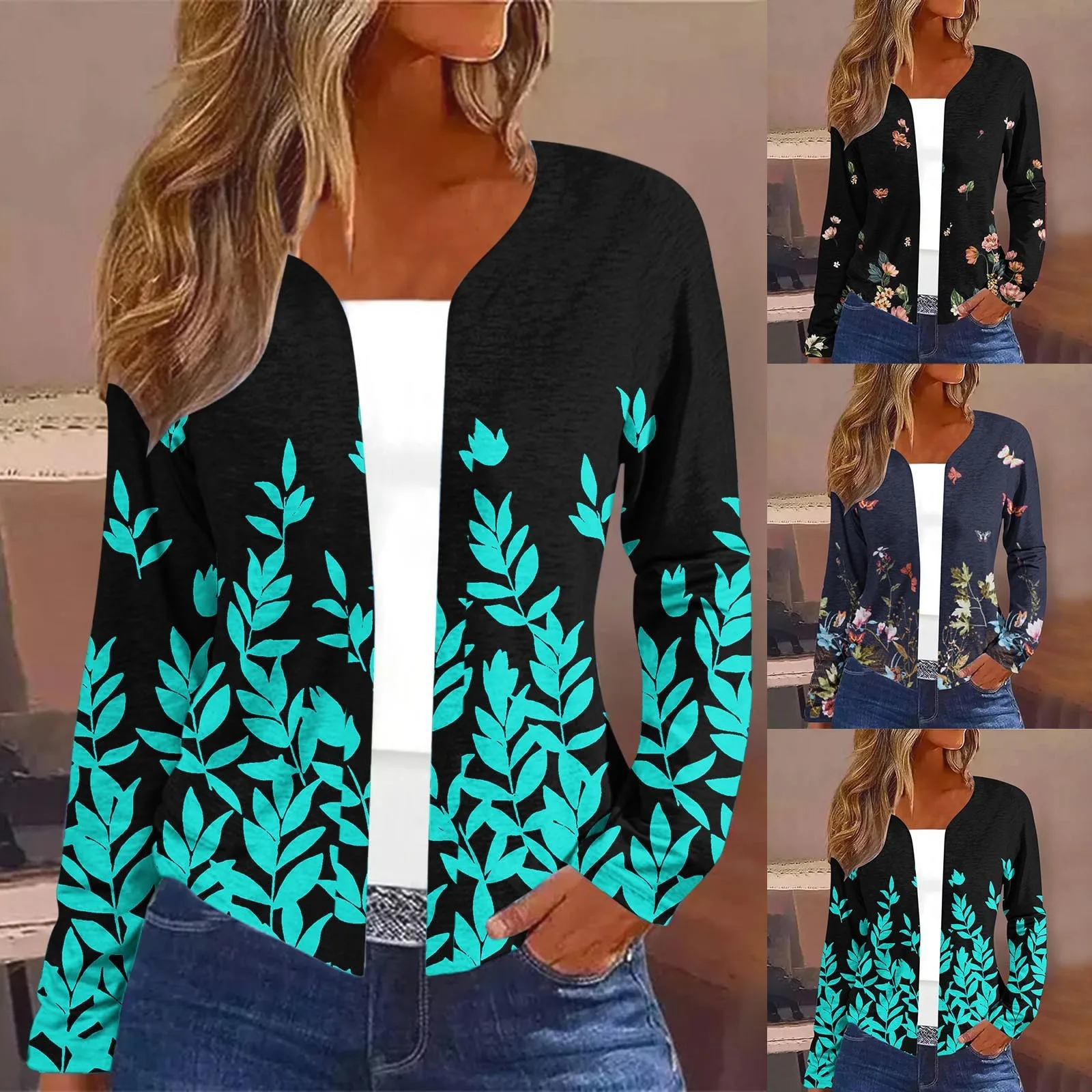 

Женский короткий кардиган с длинным рукавом и принтом