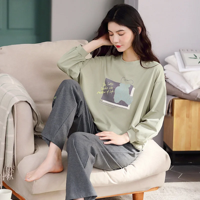 Pajama Girl Spring Autumn Winter Long Sleeved Cotton Cartoon  Loose Large Externally Wearable Home Suit
