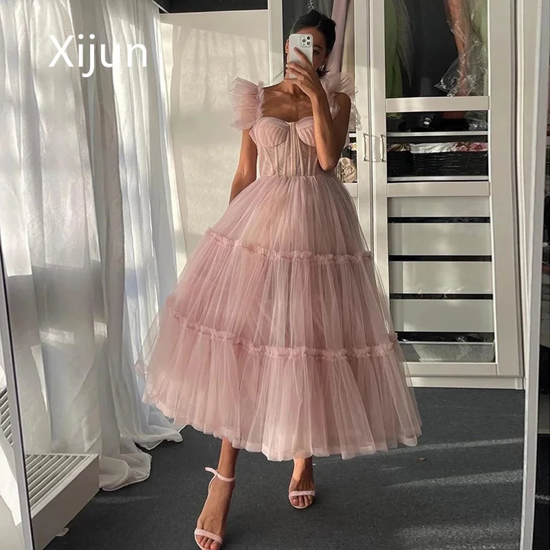 

Xijun Lace A Line Prom Dresses Puffy Sleeve Pletaed Knee Length Sweetheart Women Evening Gowns Glitter Tulle Robes De Soirée