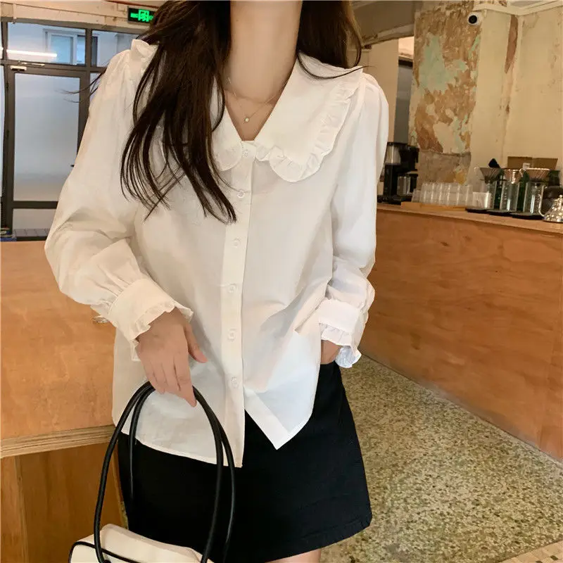 Белая рубашка с кукольным воротником Женская одежда весна-осень дизайнерская
