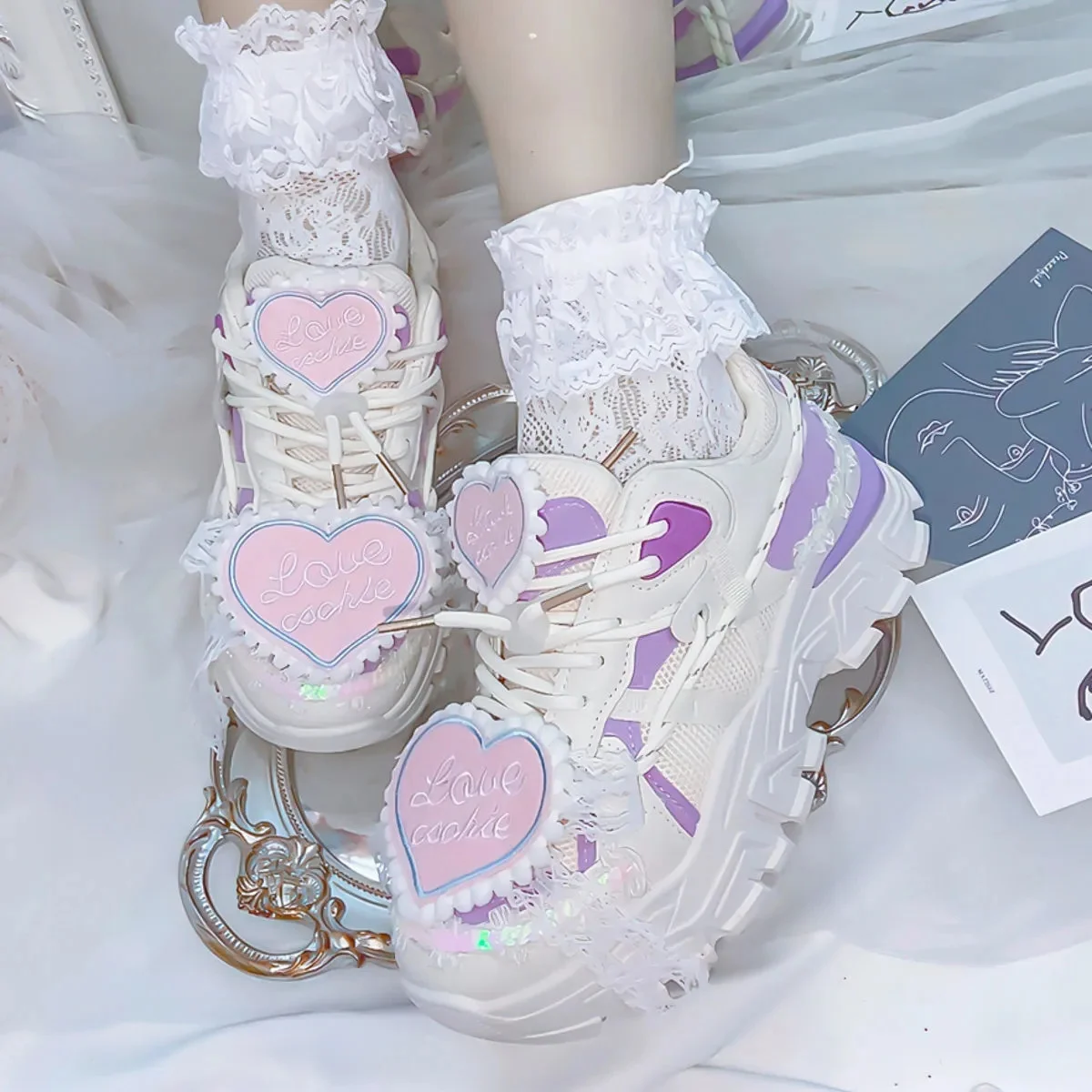 Japanese College Sports Style Shoes Cosplay Victoria Cute Girl Round Head Thick Bottom Mesh Lace Letters Love Thick Bottom Shoes