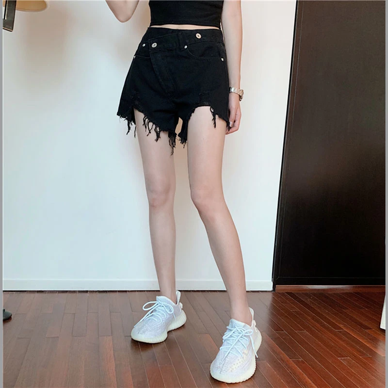 2021 Summer Women Korean Irregular High Waist White Denim Shorts New Female Fashion Casual A-line Short Jeans Ripped Tassel Wear