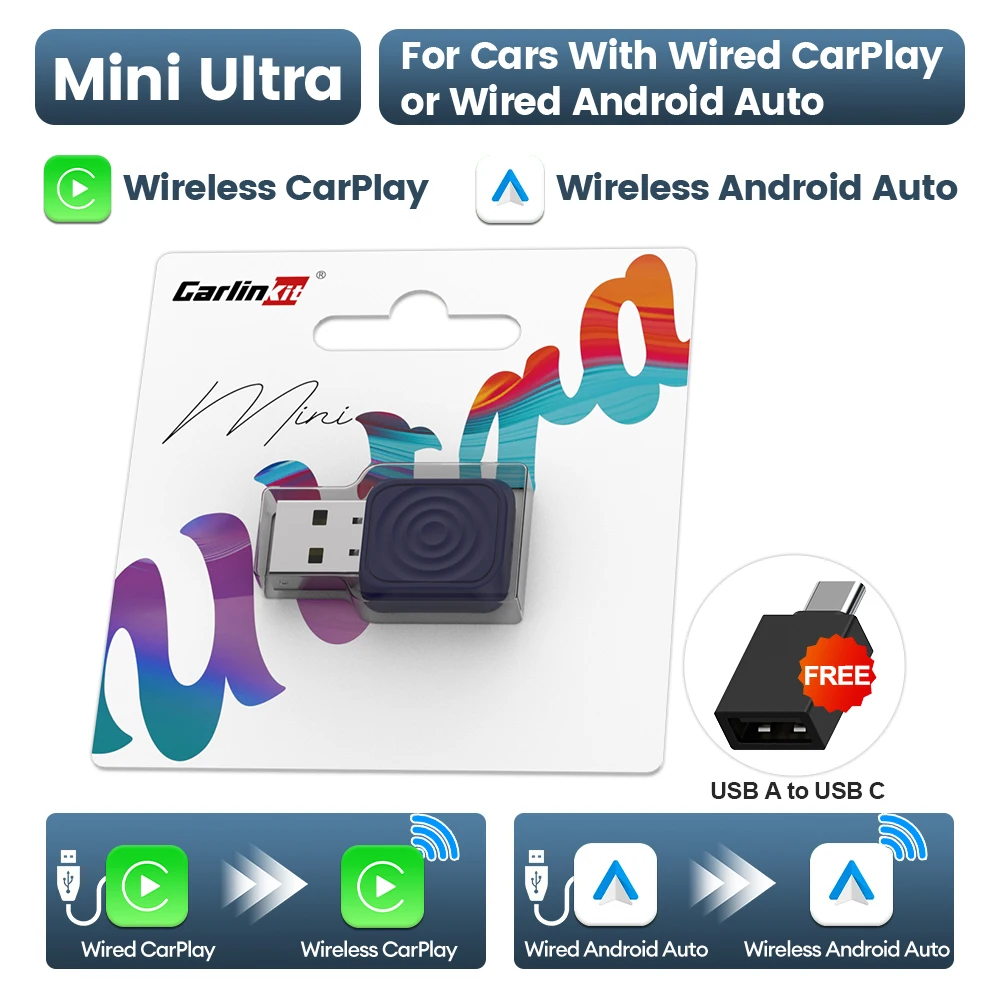 

Беспроводной адаптер CarlinKit 5.0 Mini Ultra Wireless Android Auto и CarPlay USB-ключ для обновления автомобиля Wi-Fi Bluetooth Auto Connect