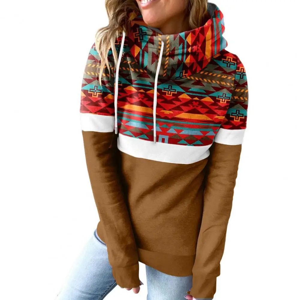 

Stylish Sweatshirt Top Elastic Winter Hoodie Scarf Collar Ethnic Style Geometric Pattern Lady Hooded Sweatshirt Coldproof