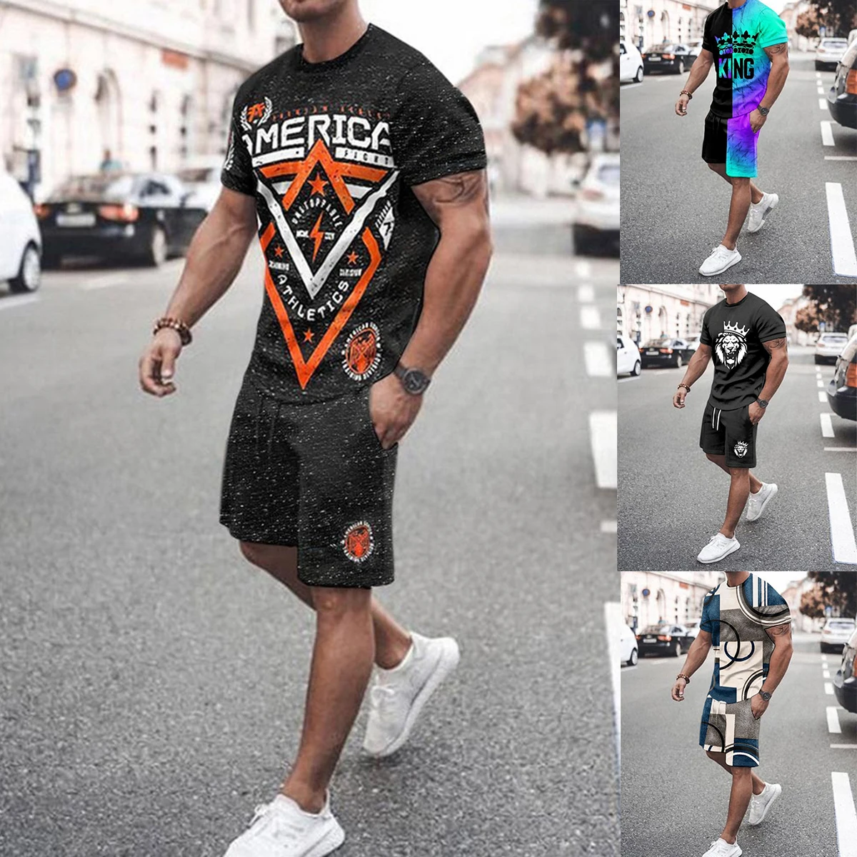 

Мужской летний дышащий костюм 2022, модная спортивная одежда с 3D принтом, костюм с шортами, повседневный комплект из футболки и шортов, мужско...