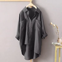 women shirt elegant loose fit long sleeve single breasted double pockets longer back hemline casual shirt for daily life
