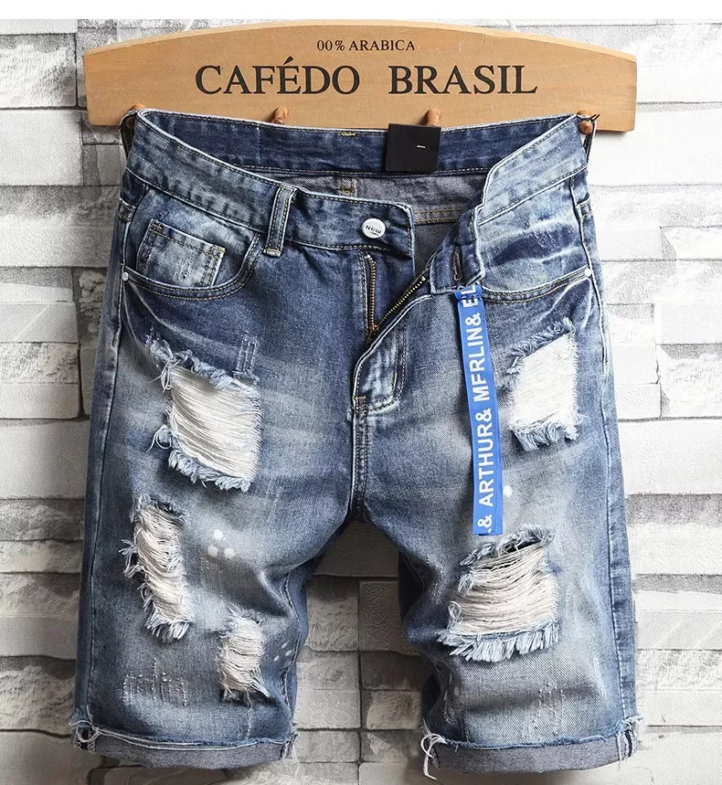 

Men Holes Denim Shorts Summer Light Blue Short Jeans Good Quality Men Cotton Straight Jeans Shorts Streetwear Solid Jeans Size36