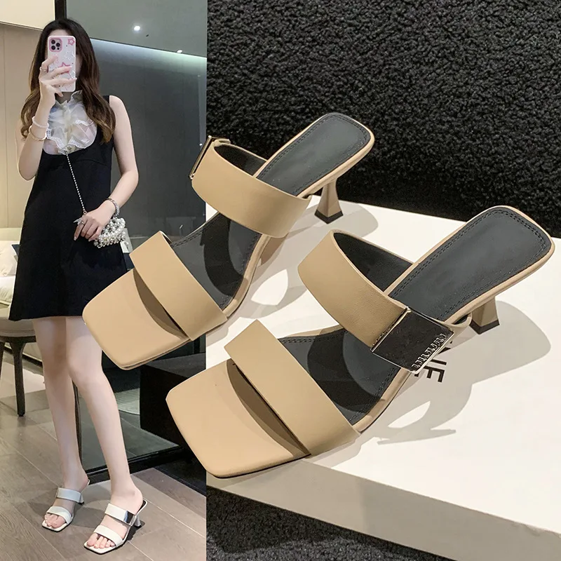 

Summer New Women's Fashion All-in-one Khaki Small Heel Sandals Square Open-toed Flip-flops Western Women's Shoes