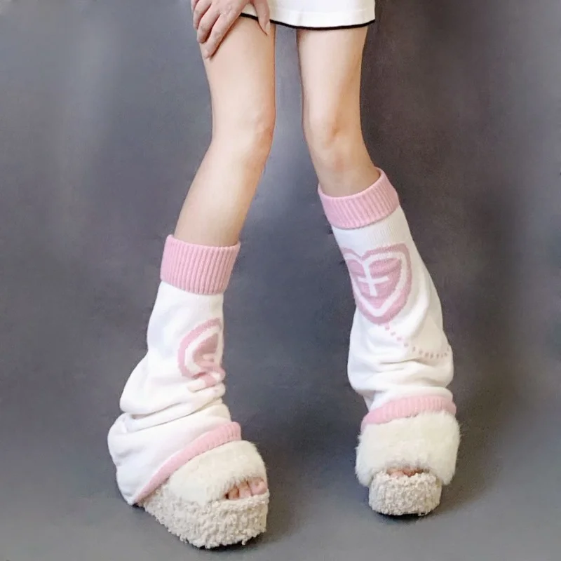 Harajuku Japanese JK Knitted Loose Punk Lolita Leg Socks Sweet Heart Printed Leg Warmers Socks Autumn and Winter Thin Leg Cover