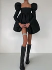 Женское вечернее черное платье Mnealways18 с пышными рукавами, вечернее шикарное бальное платье с квадратным вырезом, женские атласные платья, короткие плиссированные платья 2022