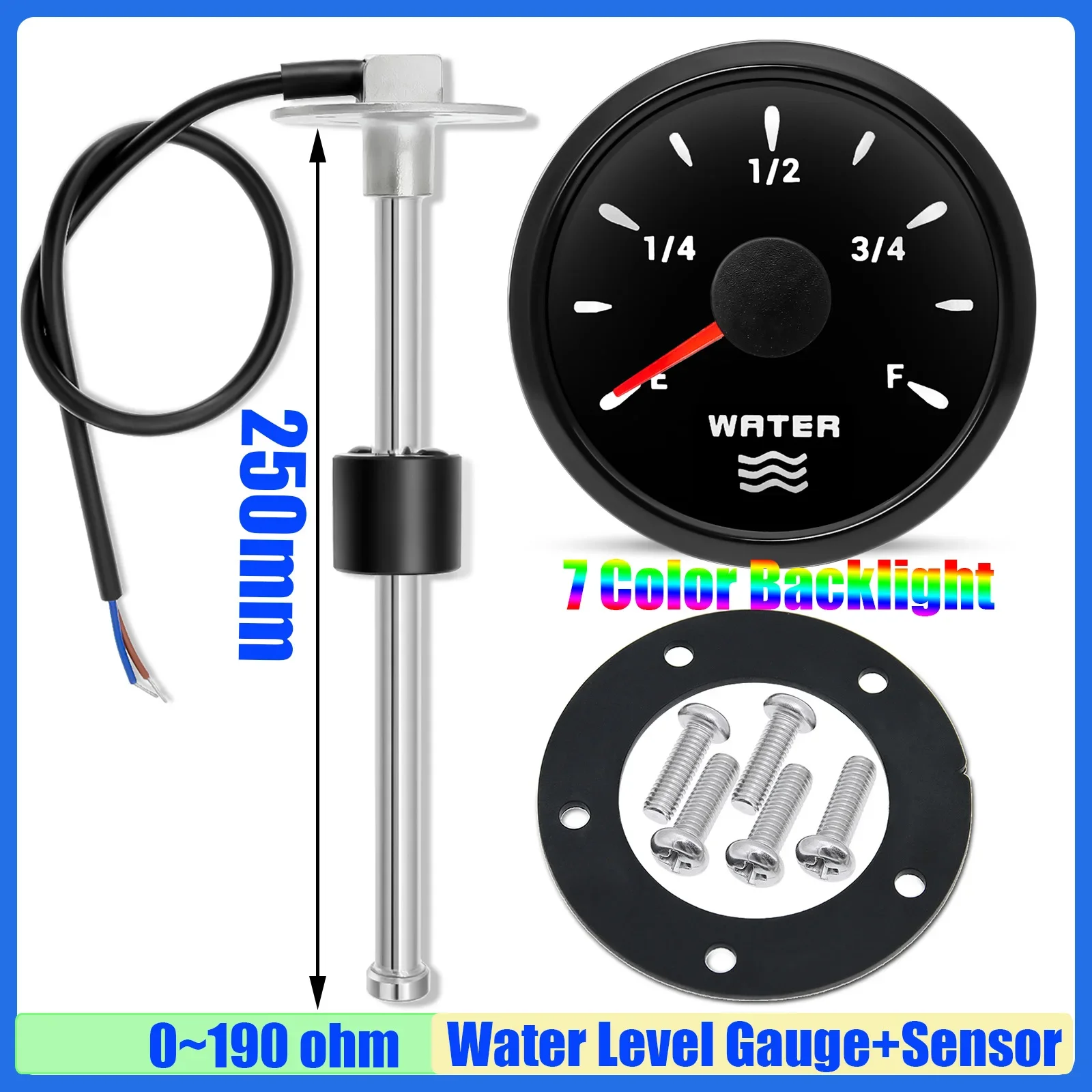 

Авто, лодка, 52 мм, датчик уровня воды, 7 цветов, светодиодный, 100 ~ 600 мм, 0-190 Ом, датчик уровня воды, измерительный индикатор резервуара для воды, 12 В, 24 В, на заказ