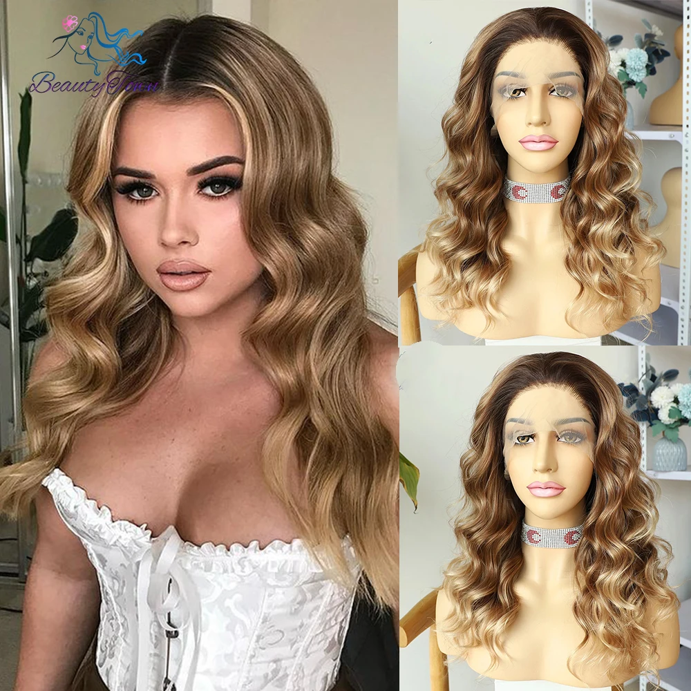 

Blonde 13x3 Synthetic Lace Front Wig Short Wavy Wig Ombre Brown Highlight Color Wig For Black Women Short Bob Daily Cosplay Wig