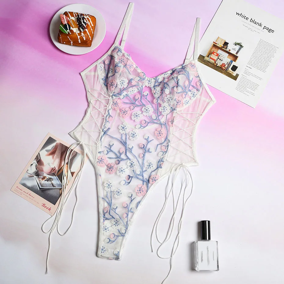 Сексуальное боди JSY кружевное нижнее белье прозрачное женское с цветочной