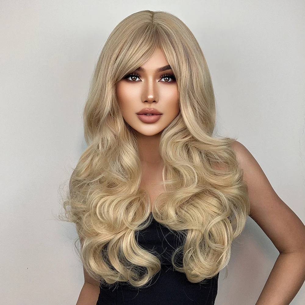 HENRY MARGU Synthetic Ombre Brown Blonde Wig Long Deep Wavy Hair Wig with Bangs for Women Cosplay Party Heat Resistant Fake Hair