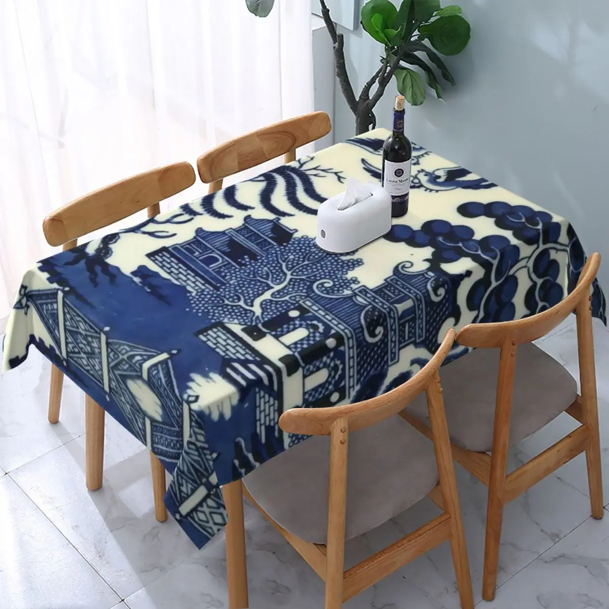 

Rectangular Antique Willow Ware Oriental Toile Table Cloth Waterproof Tablecloth 40"-44" Table Cover Backed with Elastic Edge