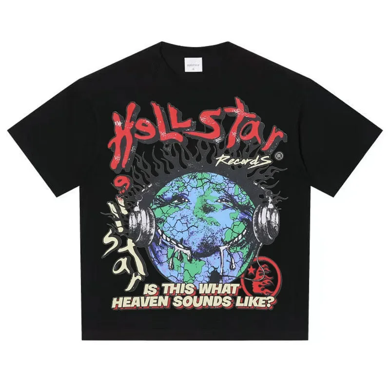 

Футболки Hellstar Graphic Y2k, повседневная одежда в стиле американской Хай-стрит, креативные наушники с изображением призрака, с круглым вырезом и короткими рукавами