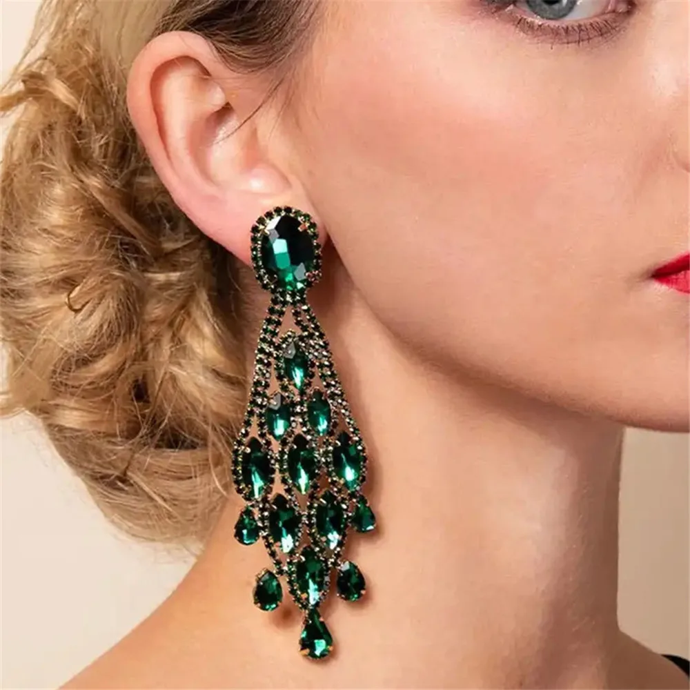 

4 Colours Crystal Large Geometric Long Drop Earrings Wedding Jewelry for Women Rhinestone Charm Mesh Dangle Earrings Accessories