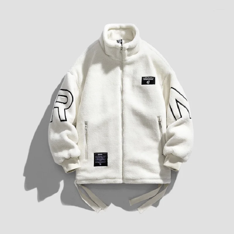 Couples Grain Fleece Jackets Japanese Fashion Imitation Lamb Wool Embroidery Winter Thickened Warm Jacket Outdoor Sports Coat