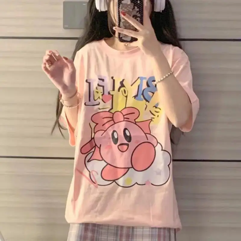 Kawaii Kirby Games Anime Hobby Kirby Cartoon Cute Print Loose Pink Cotton Short Sleeve T-Shirt Ladies Top Gift for Girlfriend