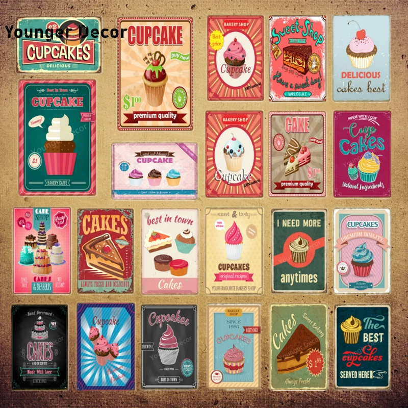 

Vintage Foods Metal Signs Delicious Cupcake Decoration Sweet Cake Shop Home Kitchen Wall Decor Art Poster Birthday Gift Mural