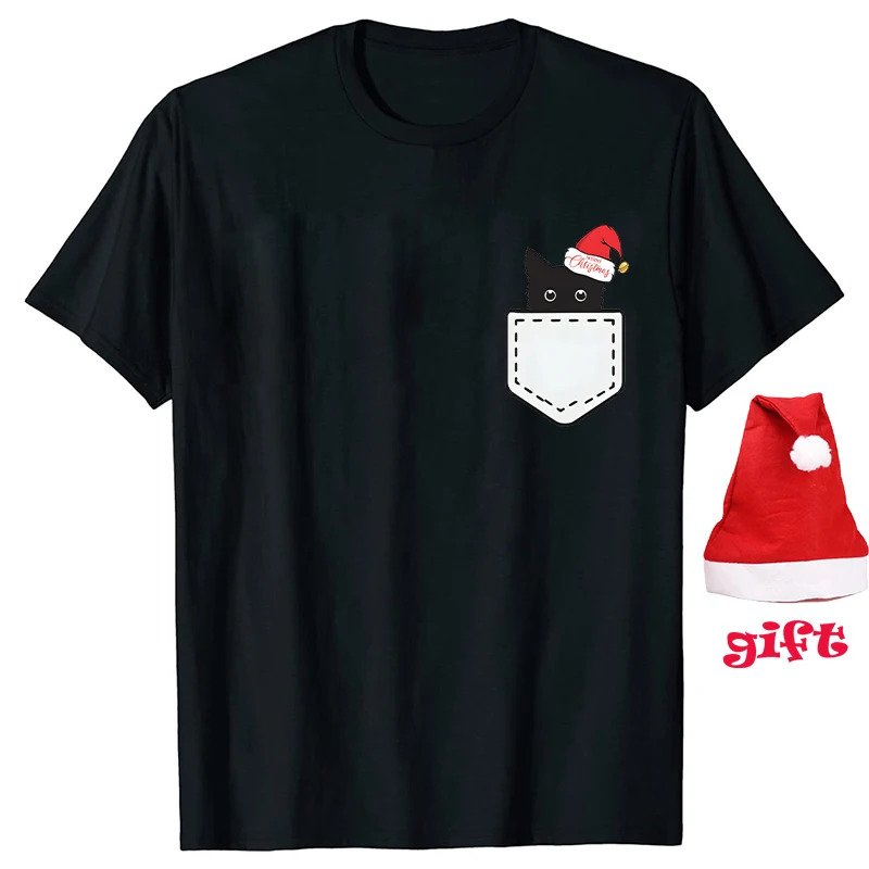 Забавная Рождественская рубашка с карманом в виде кошки футболки для женщин