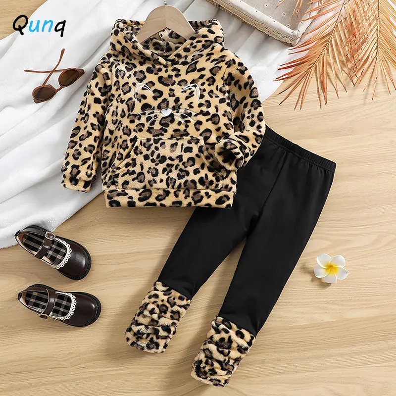 

Qunq Autumn New Girls Long Sleeve Leopard Grain Hooded Pullover Top+Splicing Pants 2 Pieces Set Casual Kids Clouthes Age 3T-8T