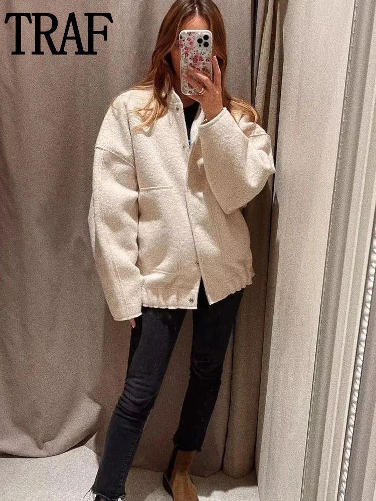 TRAF 2023 Women's Bomber Jacket Y2K Streetwear New In Outerwears Tweed Jacket For Women Button Faux Wool And Blends Jacket