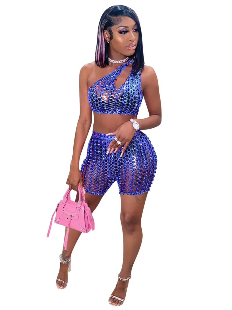 

Shiny Shorts Two Piece Sets Women One Shoulder Tank Crop Tops And High Waist Shorts Suit Summer New Hollow Sexy Clubwear Outfits