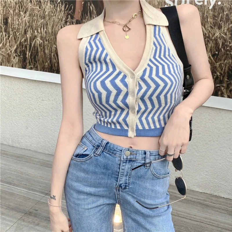 

Spring Summer V-neck Striped Knitted Sexy Women Tank Top Button Cropped Sleeveless Backless Street Wear Bustier Tees Camisole