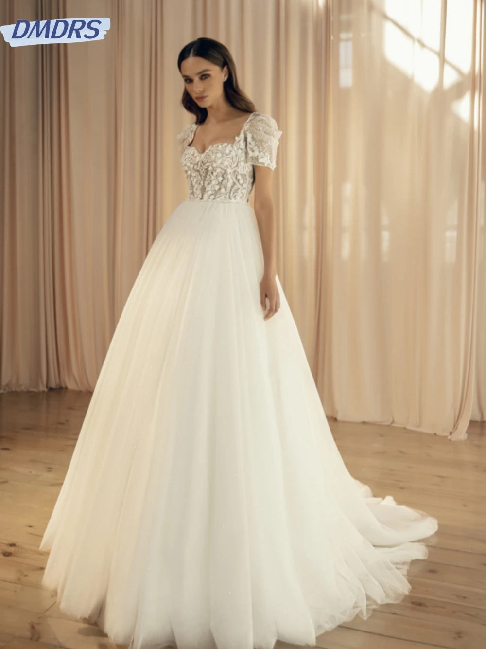 

Романтическое женское платье с вырезом сердечком и пышными рукавами, свадебное платье с блестящими бусинами и блестками, Элегантное свадебное платье с аппликацией, платье для невесты
