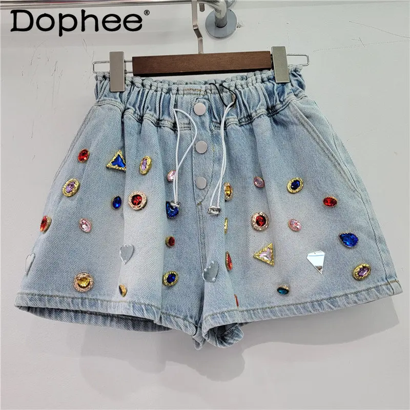 Heavy Color Diamond Denim Shorts for Women Elastic High Waist Loose Slimming Wide Leg Jeans Shorts 2023 New Summer Short Femme