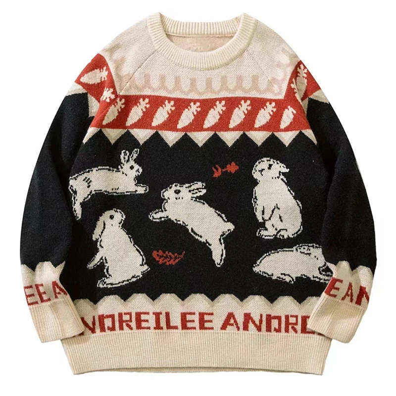 

Женские пуловеры, Осенний оверсайз пуловер с круглым вырезом, модный джемпер в стиле ретро с мультяшным кроликом в стиле Харадзюку, вязаный свитер в стиле хип-хоп, уличная одежда