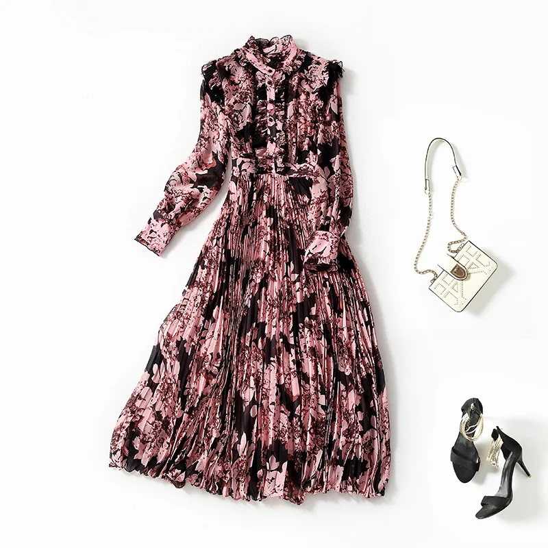 

European and American women's wear spring 2022 new Printed with long sleeves and standing collar Fashionable pleated silk dress