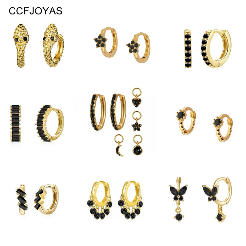 

CCFJOYAS Black color Zircon 925 Sterling Silver Hoop Earrings Women Gold color Earrings Fashion Jewelry New Arrival Wholesale
