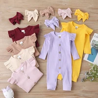 0 9m baby girls boy rompers long sleeve cotton jumpsuits with headband newborn bodysuits ribbed playsuit knitted overalls babies