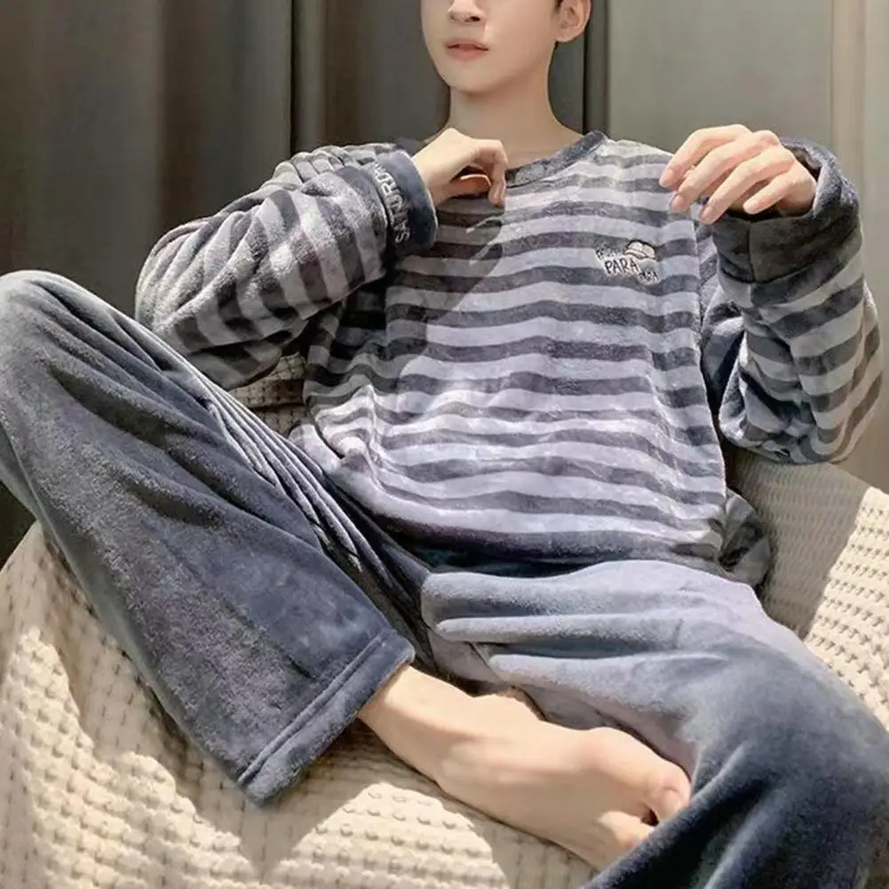 

Men Pajamas Set Striped Long Sleeve Thick Warm Elastic Waist Thick Coral Fleece Men Homewear Top Panats Set Sleepwear Set
