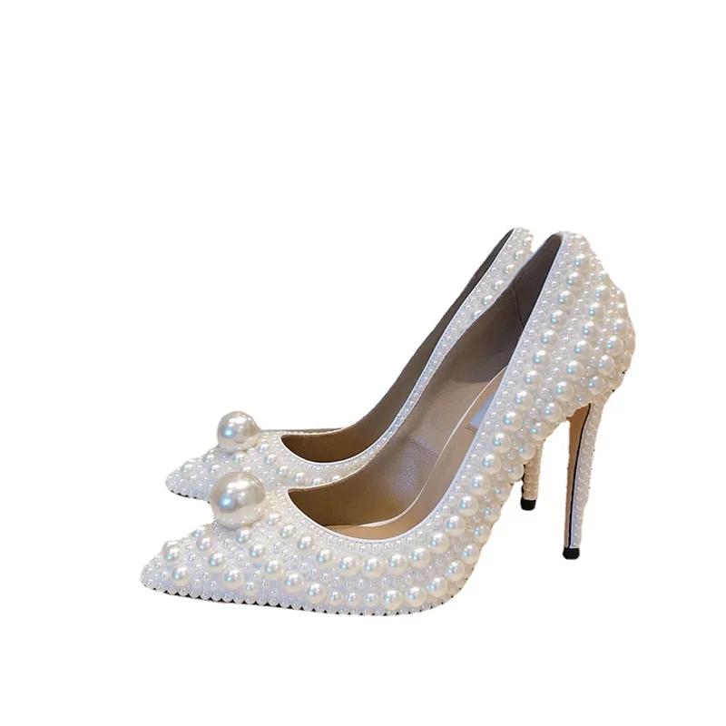 

Fashion Classic Temperament Fairy Shoes Pearl Decor Pointed Toe Banquet Wedding Shoes Spring And Summer Sexy Single Shoes