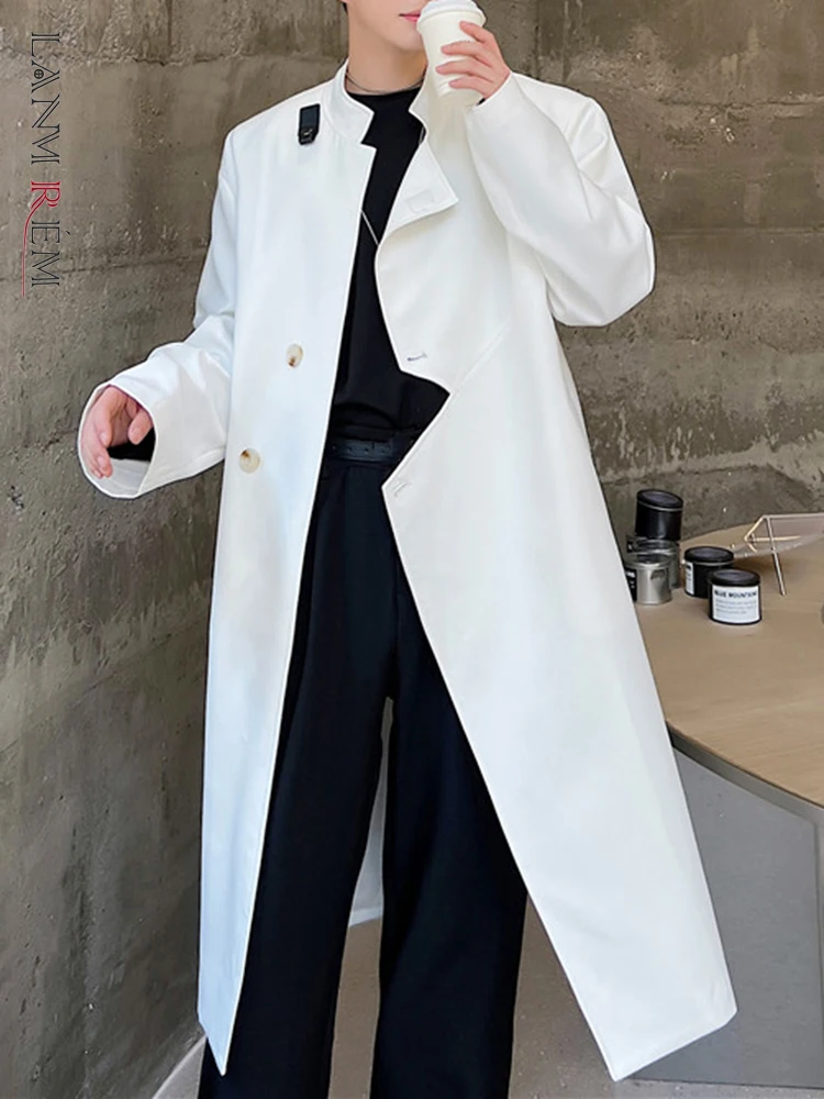 LANMREM Asymmetrical Button Design Contrast Color Long Blazers Coat Stand Neck Long Sleeve Overcoat 2023 New Spring 2Q1006