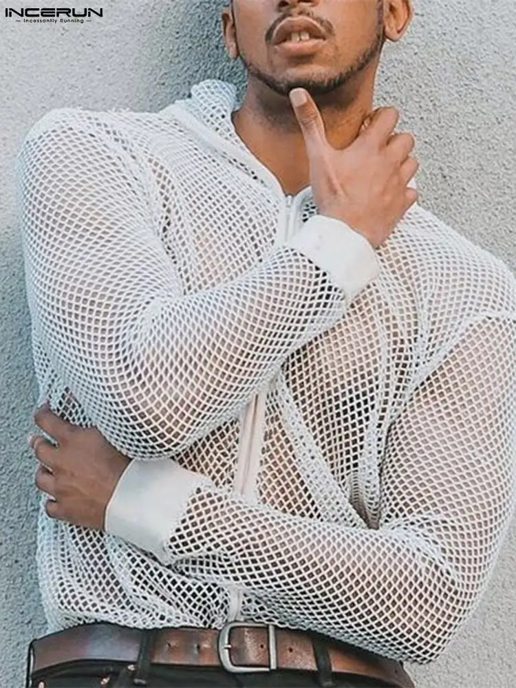 

Men Casual T Shirt Hooded Long Sleeve Mesh Transparent Breathable Long Sleeve Zipper 2022 Cardigan Streetwear Tops S-5XL INCERUN