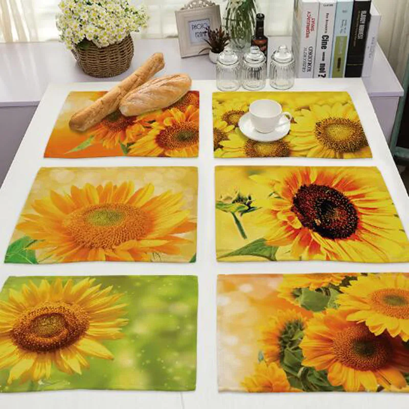 

HOT Thanksgiving sunflower flower Printed linen place table mat cloth dish tea coaster pad cup doily kitchen dining Placemats