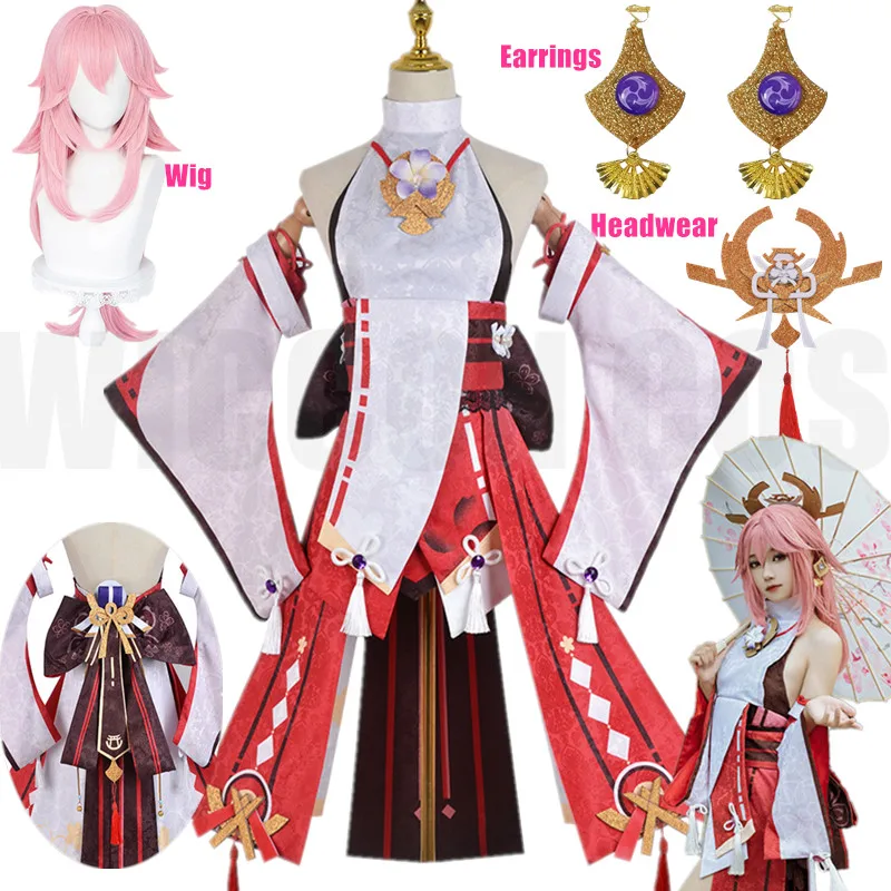 

Костюм для косплея Genshin Impact Yae Miko Guuji Yae, модное платье, искусственный наряд, парик, головной убор, обувь, реквизит, игровой костюм