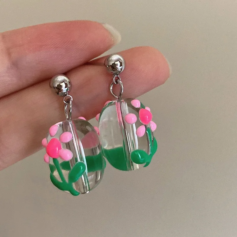 

2022 Sweet Girl Cute Flower Acrylic Ball Dangle Earrings Brincos Chic Party Jewelry Accessary