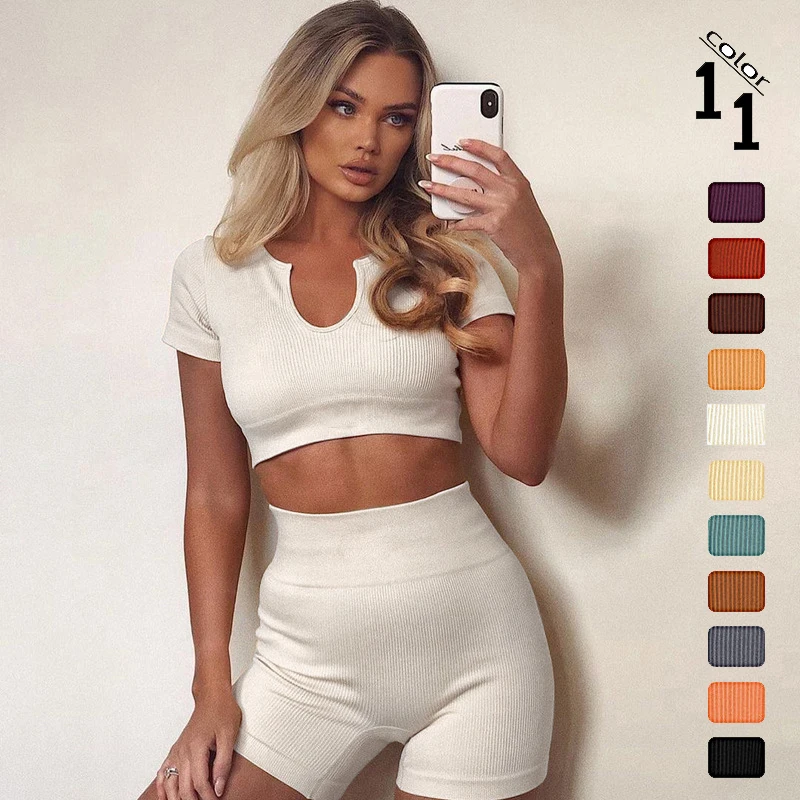 

Yoga Wear Suit Seamless V-Neck Sports Suit Fitness Quick Dry Sports Suit Yoga Short Sleeve Shorts Gym Seamless Fitness WearWomen