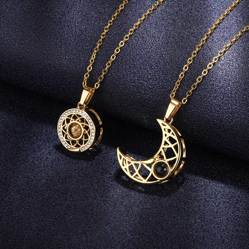 

Romantic 100 languages I love you Sun& Moon Projection Necklaces Stainless Steel Gold Chian Couple Pendant Necklaces Charm
