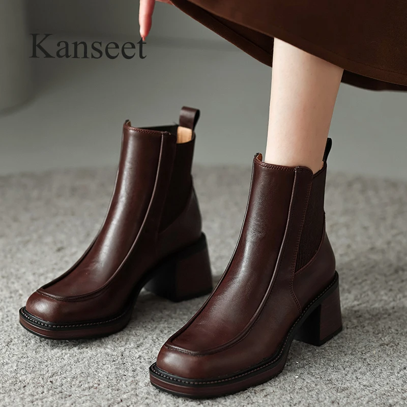 

Женские винтажные короткие ботинки Kanseet с круглым носком, эластичные ботильоны из натуральной кожи на высоком каблуке 6,5 см, осенне-зимняя обувь 2023