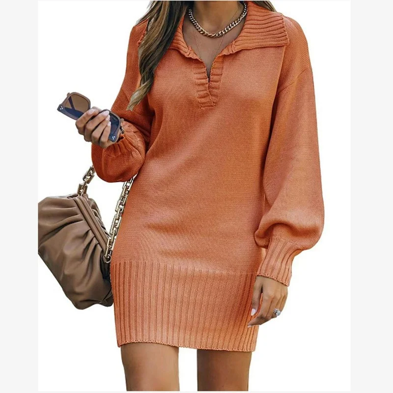 

Women's Medium Length Woolen Sweater Dress Lapel Lantern Sleeve Knitted Solid Color Warm Dresses For Women
