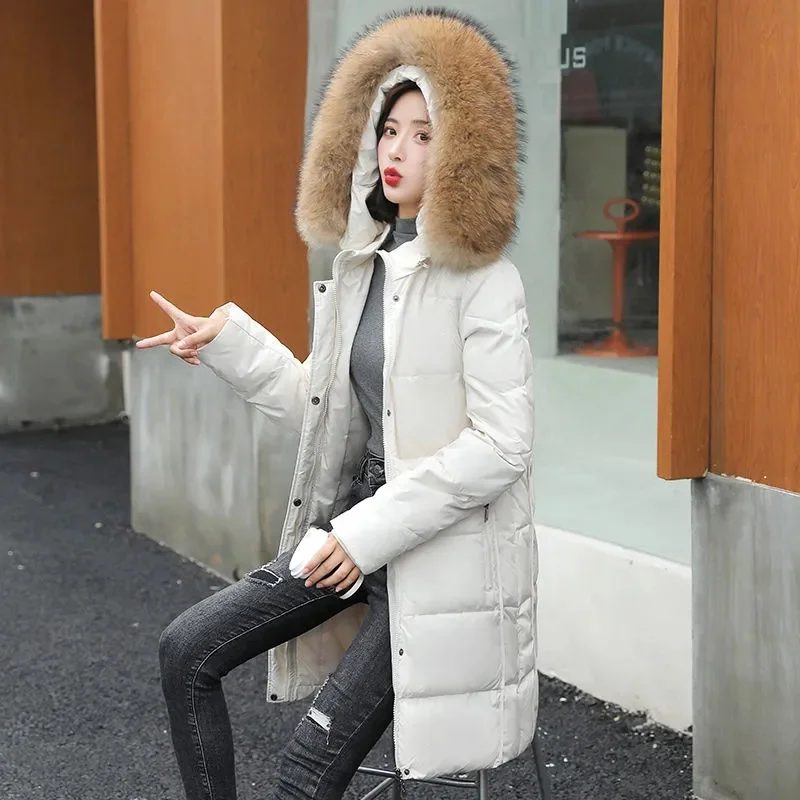 2022 New Women's Jacket Parka Winter Jacket Fur Collar Hooded Down Cotton Parkas Overcoat Thick Slim Long Coat Outerwear