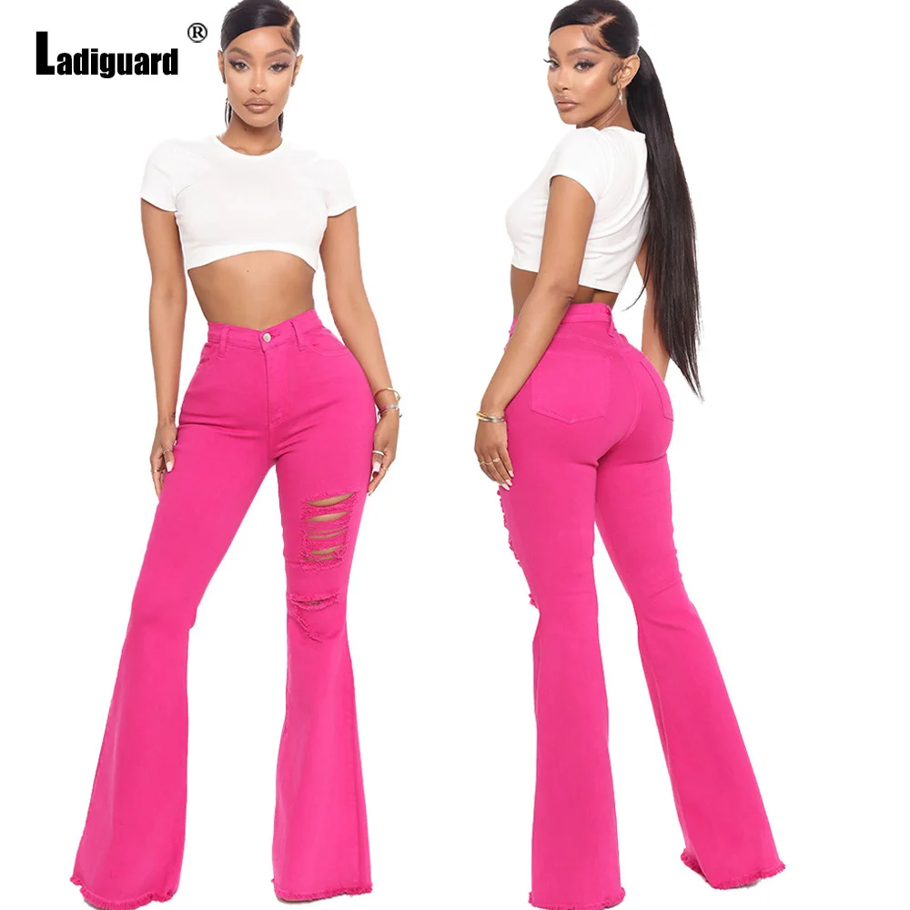 Ladiguard Women Boot Cut Demin Pants Large Big Female Sexy Flare Jeans Hole Trouser 2022 European Style Fashion Ripped Pants