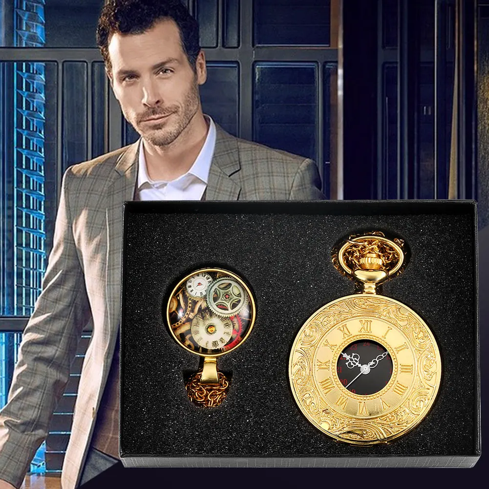 Luxury Gold/Bronze/Silver Quartz Pocket Watch Pedent Gift Set for Men Hollow Case Steampunk Clock Fob Watch Roman Numerals Dail