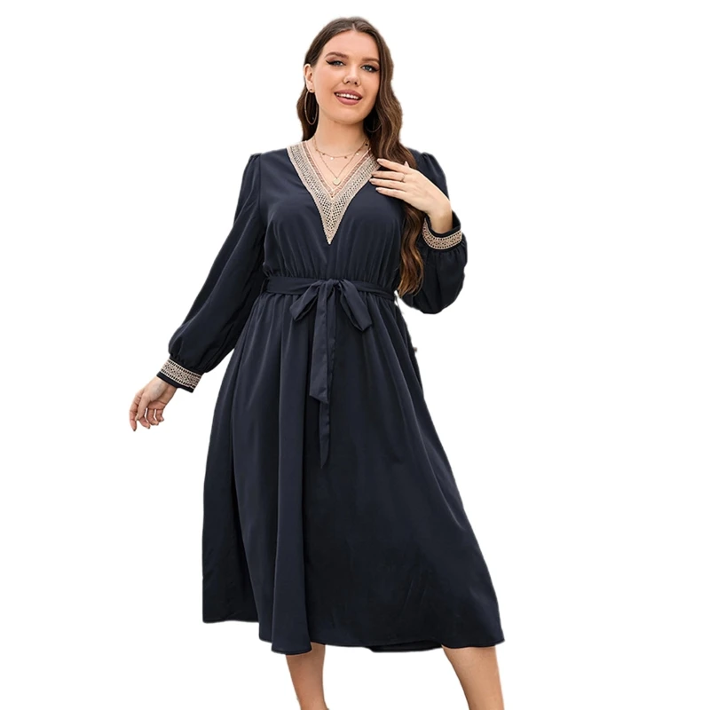 

A0NF Women's Plus Size Long Sleeve Belted Solid Summer Dress V Neck Maxi Dress Ankle Length Casual Dress